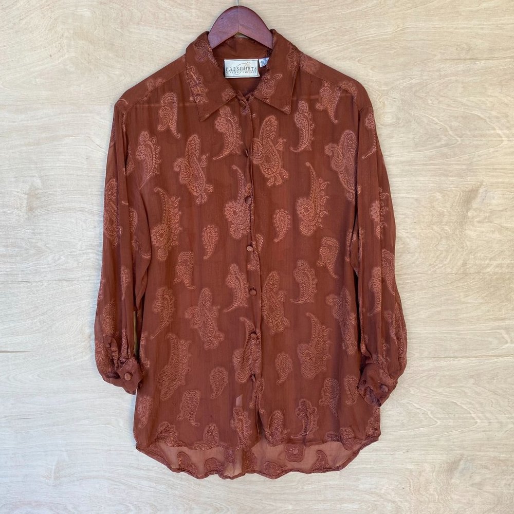 Vintage Passports Pier 1 Paisley Sheer Brown Long Sleeve Blouse Large